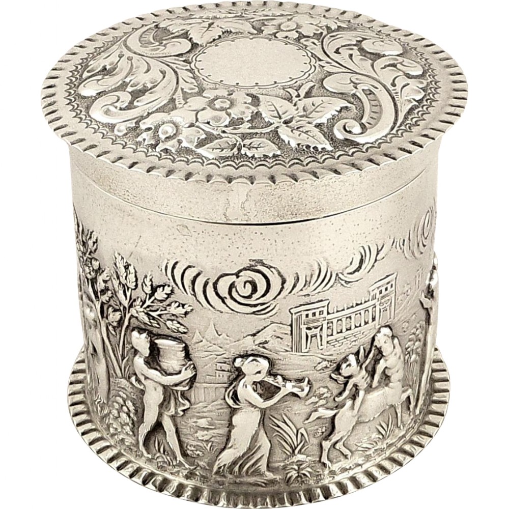 Antique Victorian Sterling Silver Vanity Pot with Musical Scenes 1899