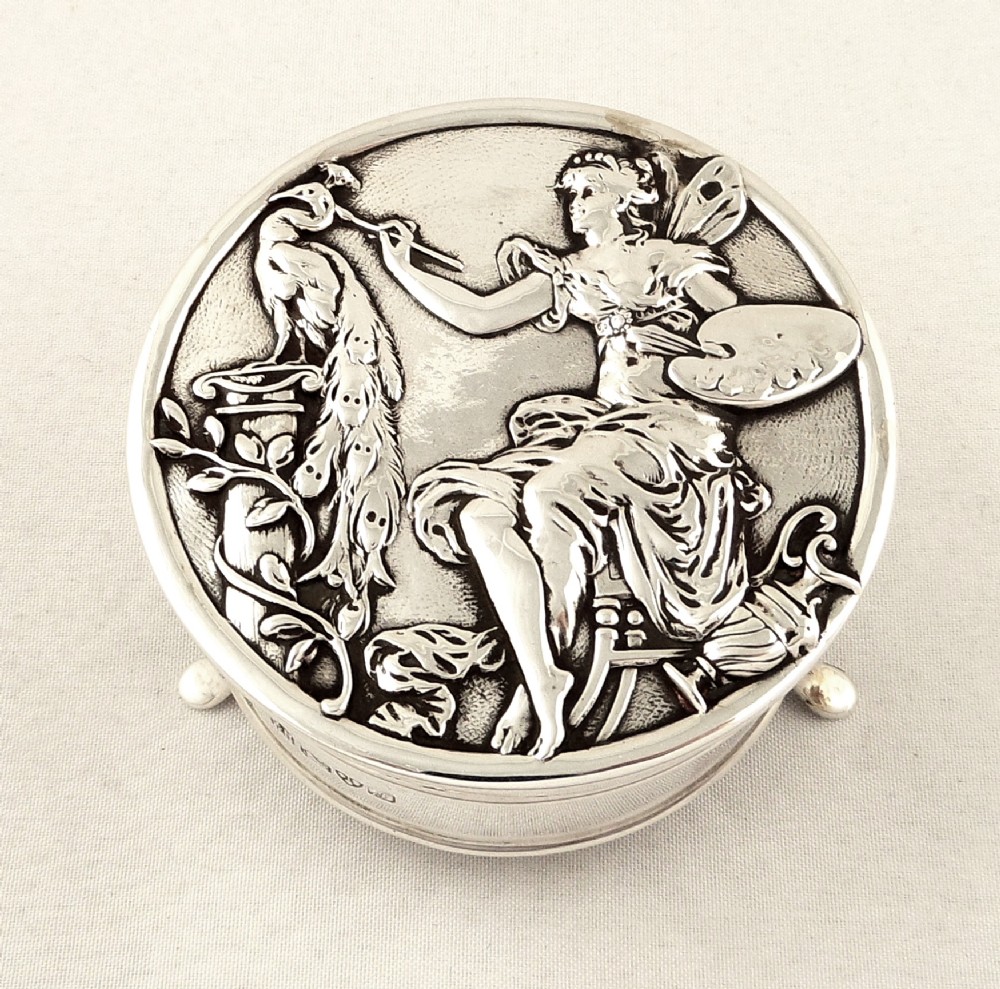 Antique Art Nouveau Sterling Silver Trinket Box 1909 - Peacock / Fairy