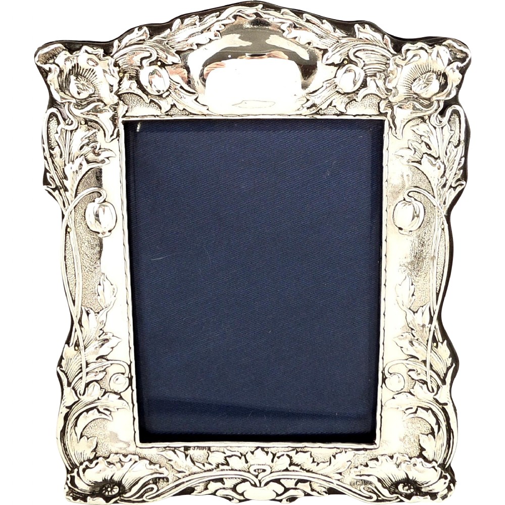 Antique Art Nouveau Sterling Silver Photo Frame - 1902 - Poppies