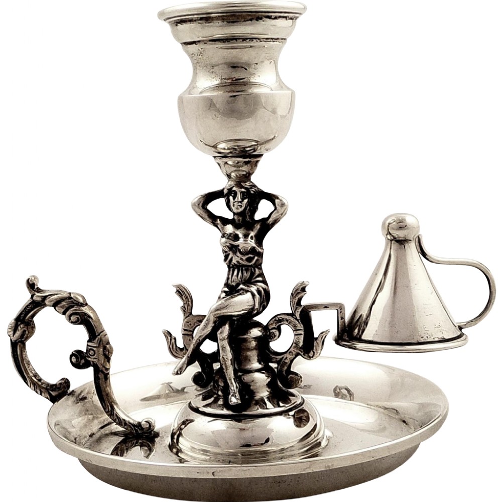 Antique Spanish Silver Chamberstick with Seated Maiden c1900