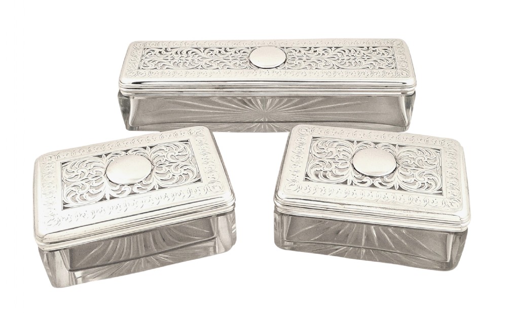 Set 3 Georgian Sterling Silver & Glass Vanity Jars 1826