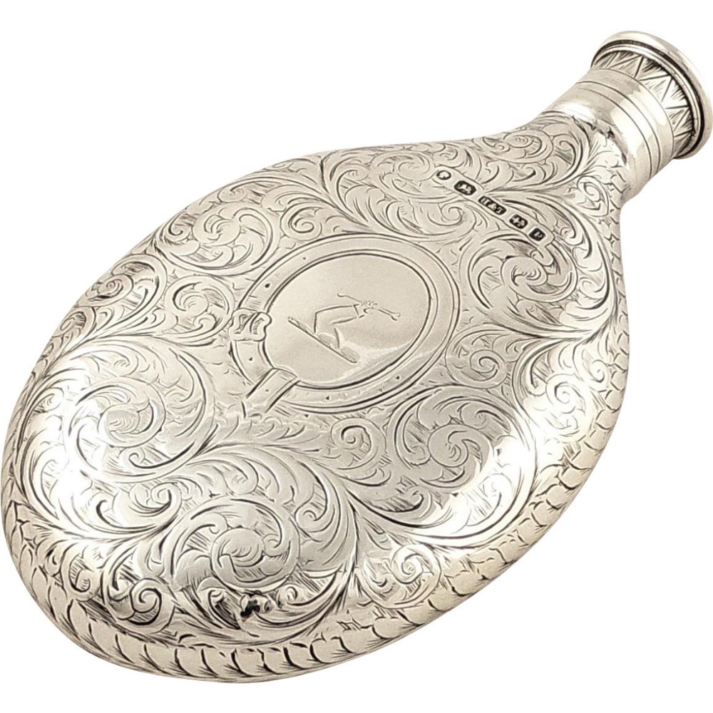 Antique Victorian Sterling Silver Engraved Hip Flask 1864 - Armorial Crest