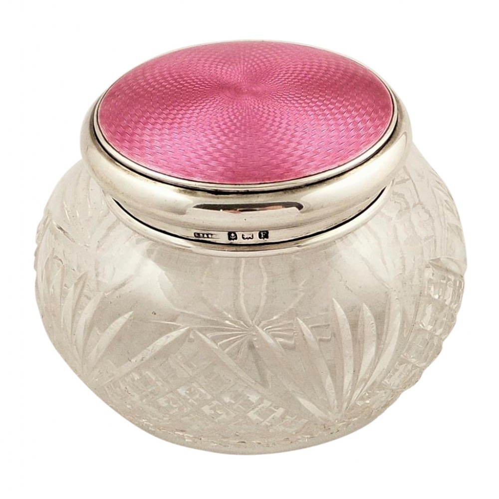 Large Antique Silver & Pink Enamel Vanity Jar 1930