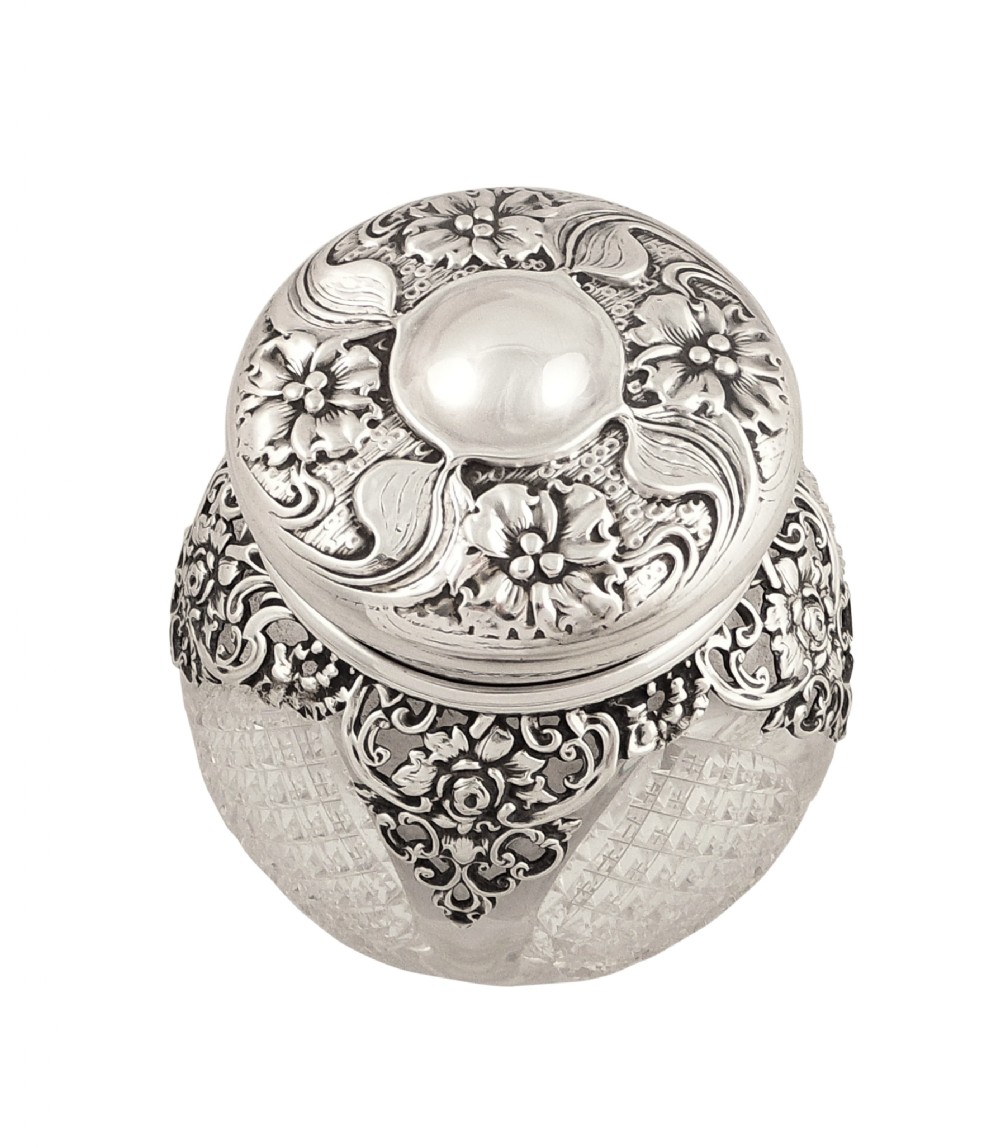 Super Antique Art Nouveau Sterling Silver & Glass Vanity Jar 1903