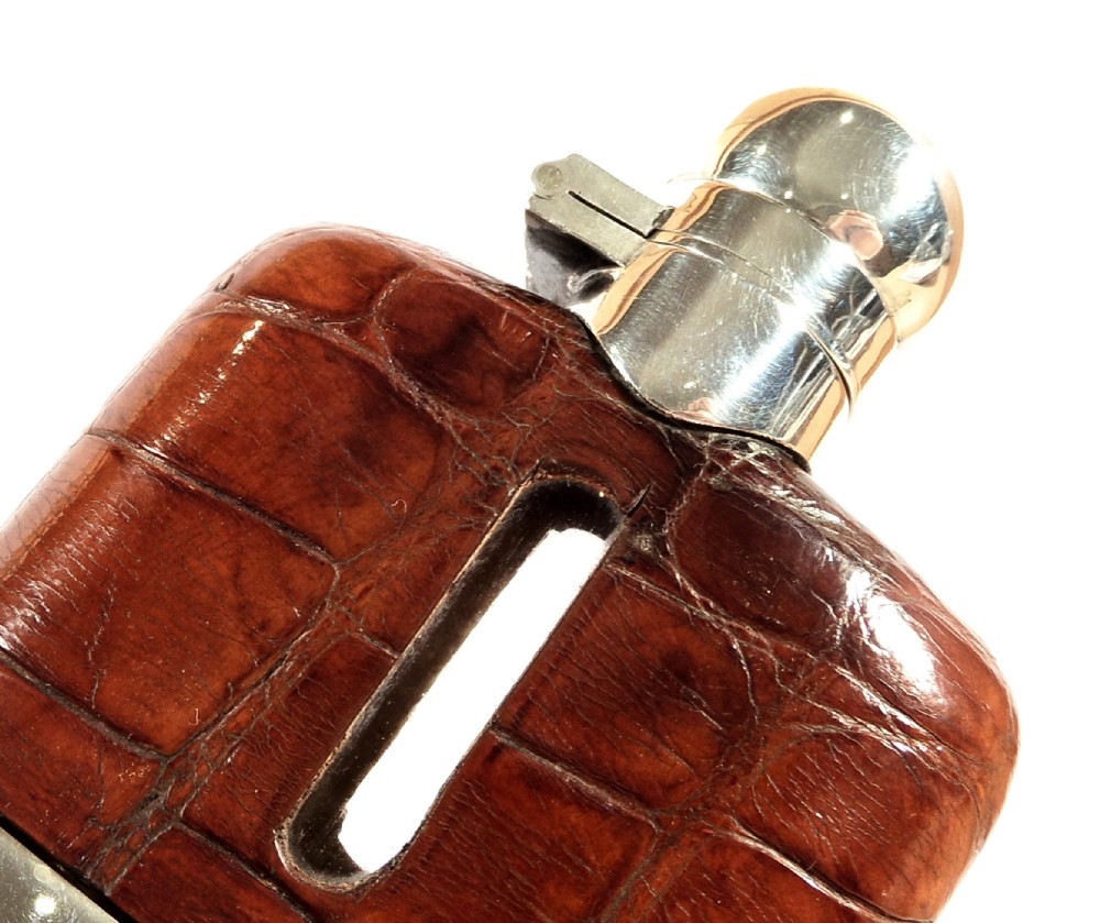 Antique Sterling Silver & Crocodile Leather Hip Flask - 1939