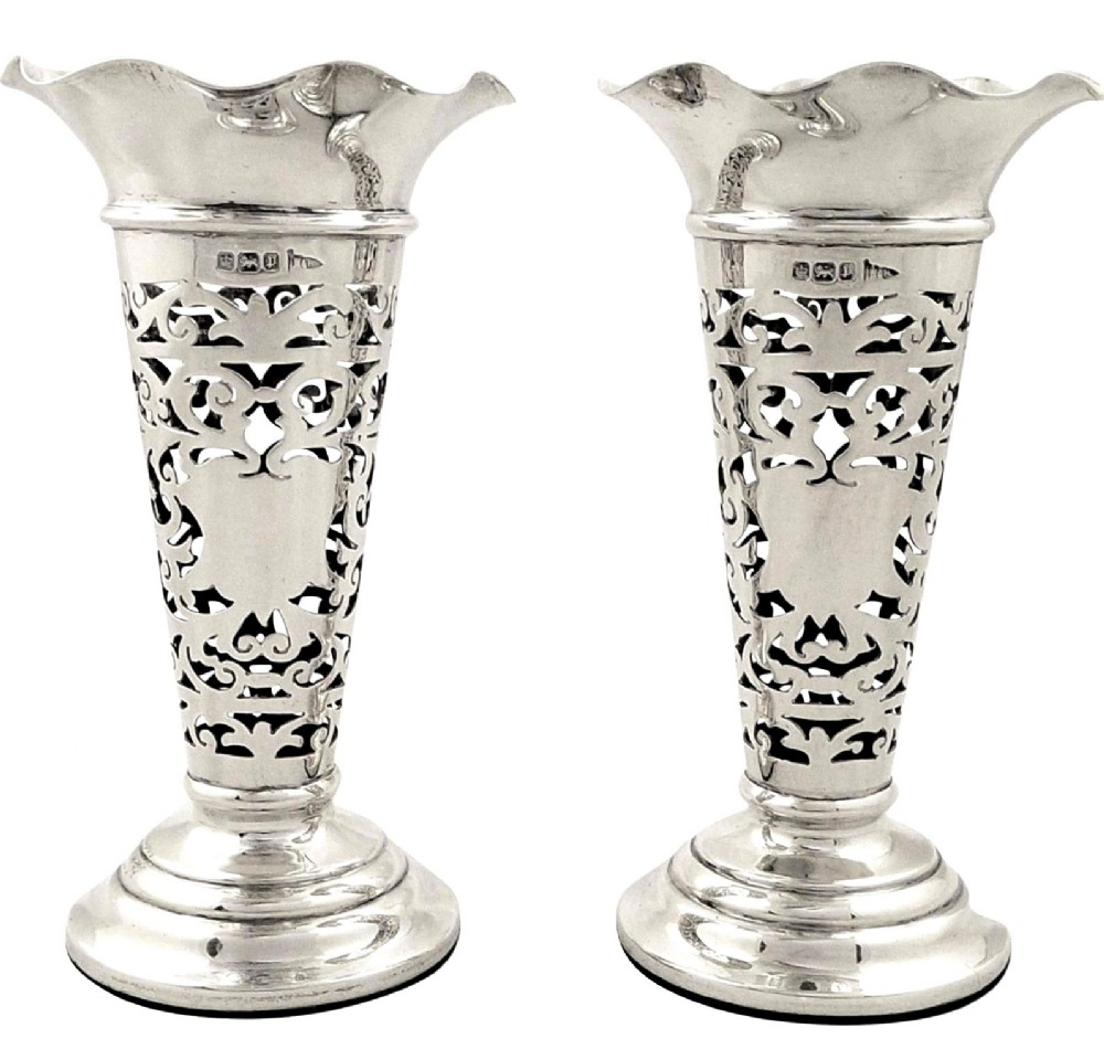 Pr Antique Edwardian Sterling Silver Spill Vases 1907 Walker & Hall