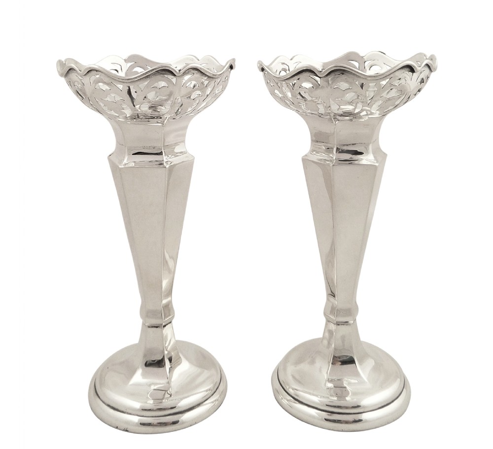 Pr Antique Sterling Silver Pierced Top Vases 1913