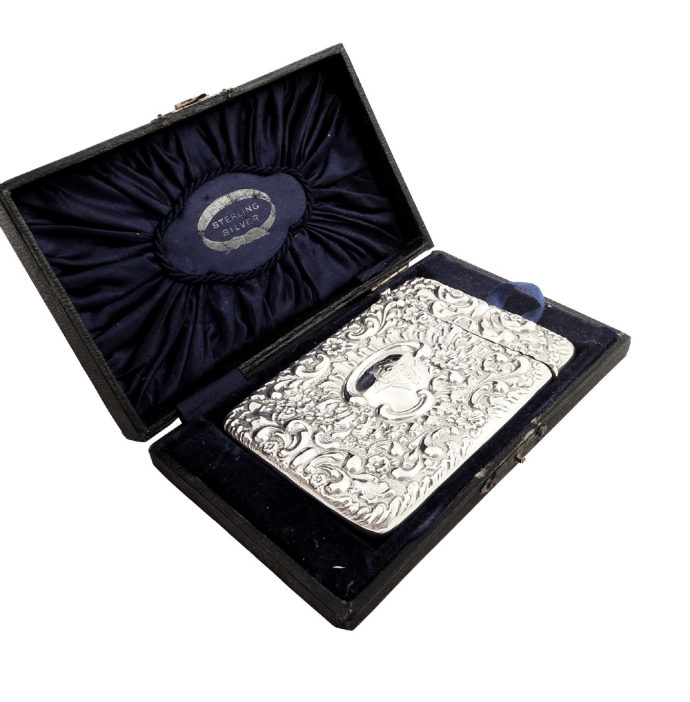 Antique Edwardian Sterling Silver Card Case in Case 1902