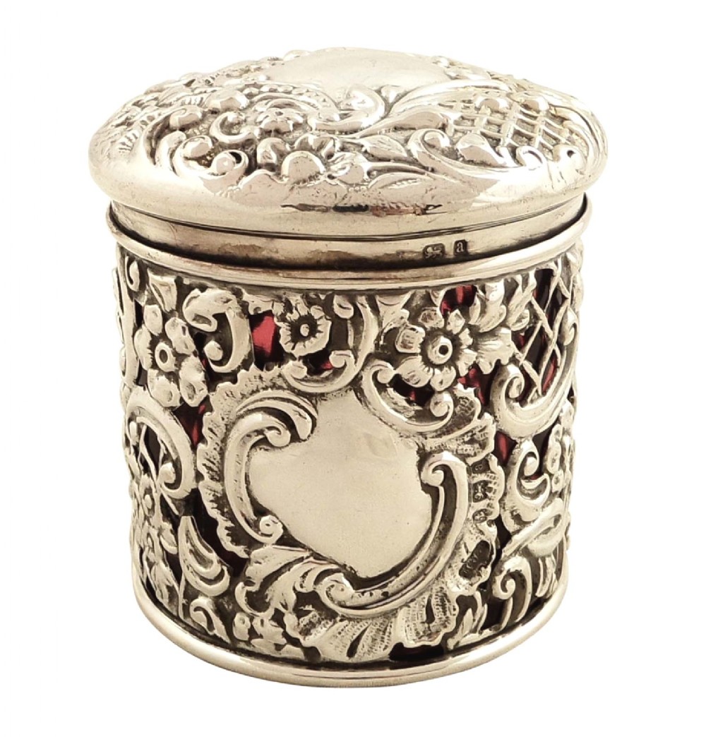 Antique Victorian Silver Vanity Pot with Red Glass Liner 1900