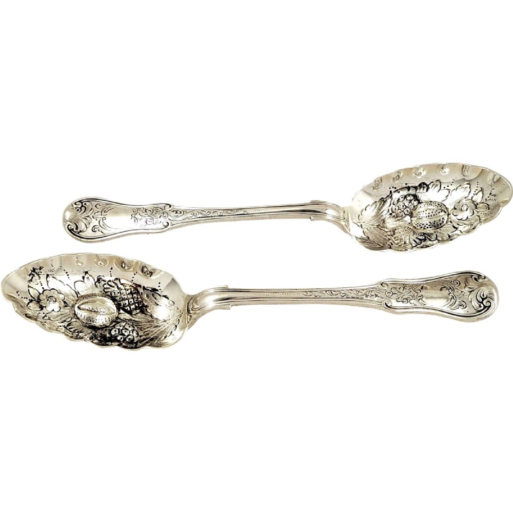 Pr Antique Victorian Sterling Silver Berry Spoons 1847