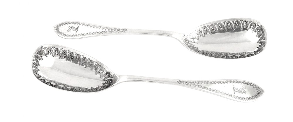 Pr Antique Victorian Sterling Silver Serving Spoons - 1875 - Armorial Crest