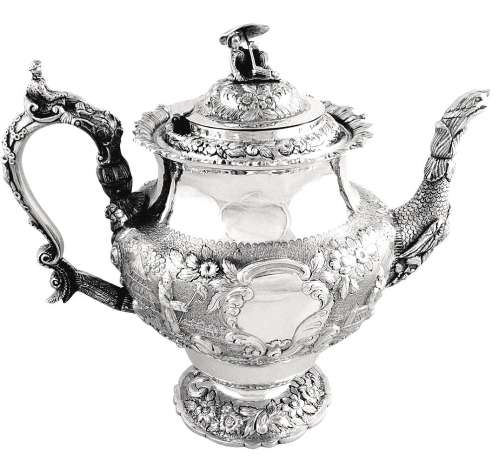 Antique Georgian Sterling Silver Teapot - Chinese Decoration 1827