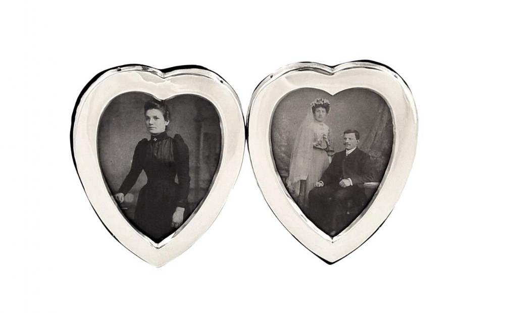 Pr Antique Edwardian Sterling Silver Heart Shape Photo Frames 1905