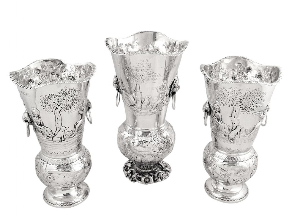 Antique Victorian Sterling Silver Garniture of 3 Vases - 1899 - Scenes