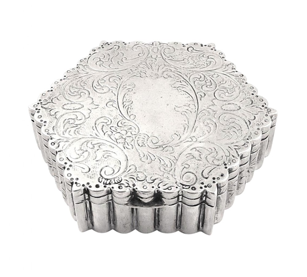 Antique Hexagonal Shape German Silver Trinket Box c1880
