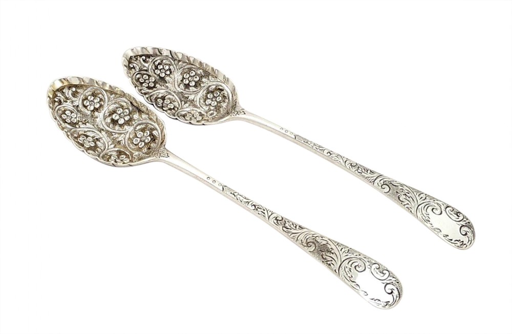Pr Antique Georgian Scottish Sterling Silver Berry Spoons - EDINBURGH 1796
