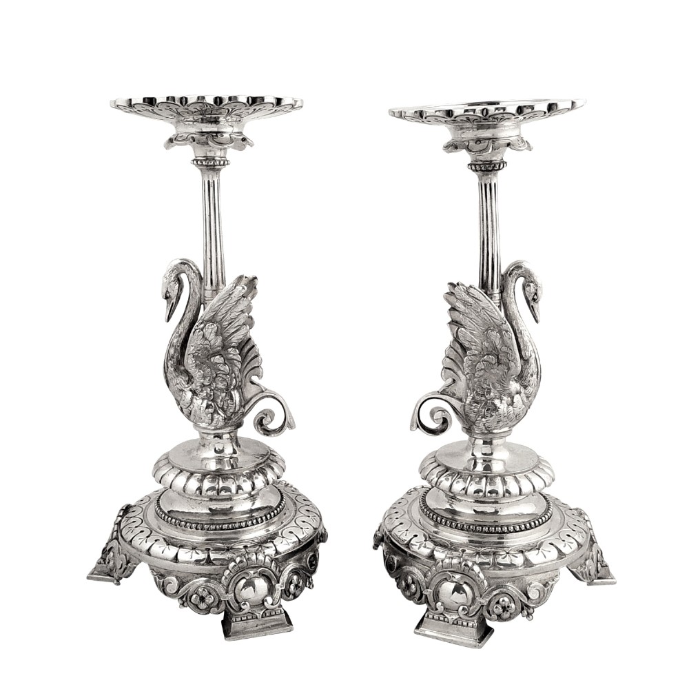 PR OF ANTIQUE VICTORIAN SILVER PLATED SWAN CANDLESTICKS - ELKINGTON 1895