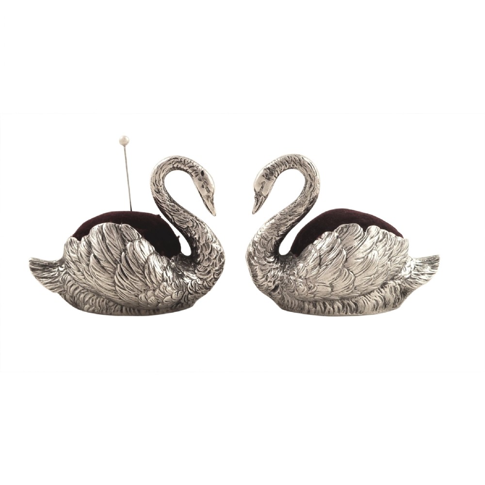 Rare Pr Antique Victorian Sterling Silver Swan Pin Cushions 1897