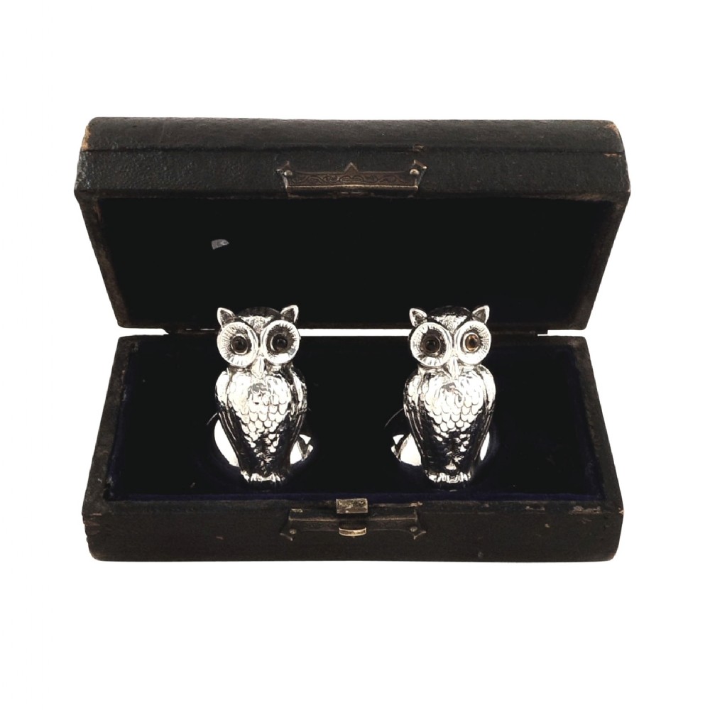 Pr Antique Edwardian Sterling Silver 'Owl' Menu Holders 1907