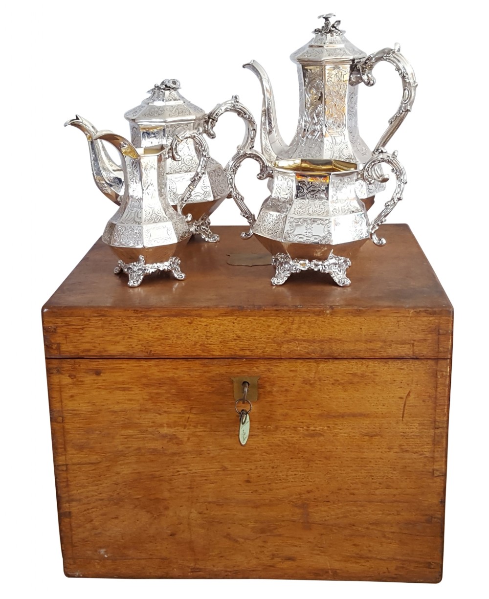 Antique Victorian Sterling Silver 4 Piece Teaset in Oak Case with Key 1843