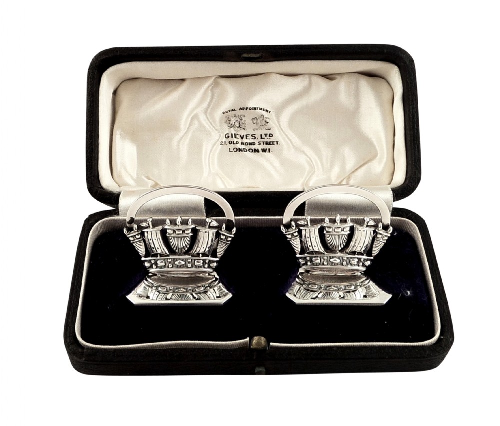 Pr Antique Sterling Silver Menu Holders in Box - Naval Crowns 1935