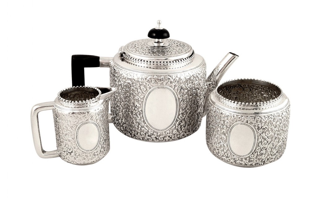 Antique Victorian Sterling Silver Bachelor 3 Piece Teaset 1884