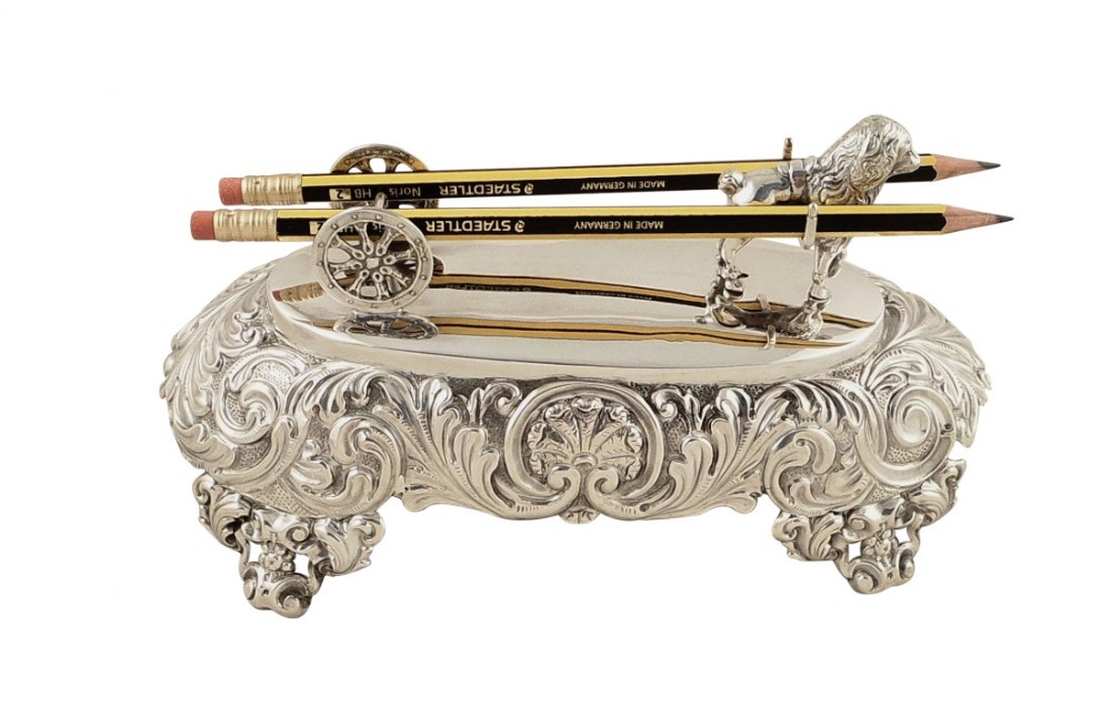 Unusual Antique Continental Silver Desk Top Pen / Pencil Stand - Dog