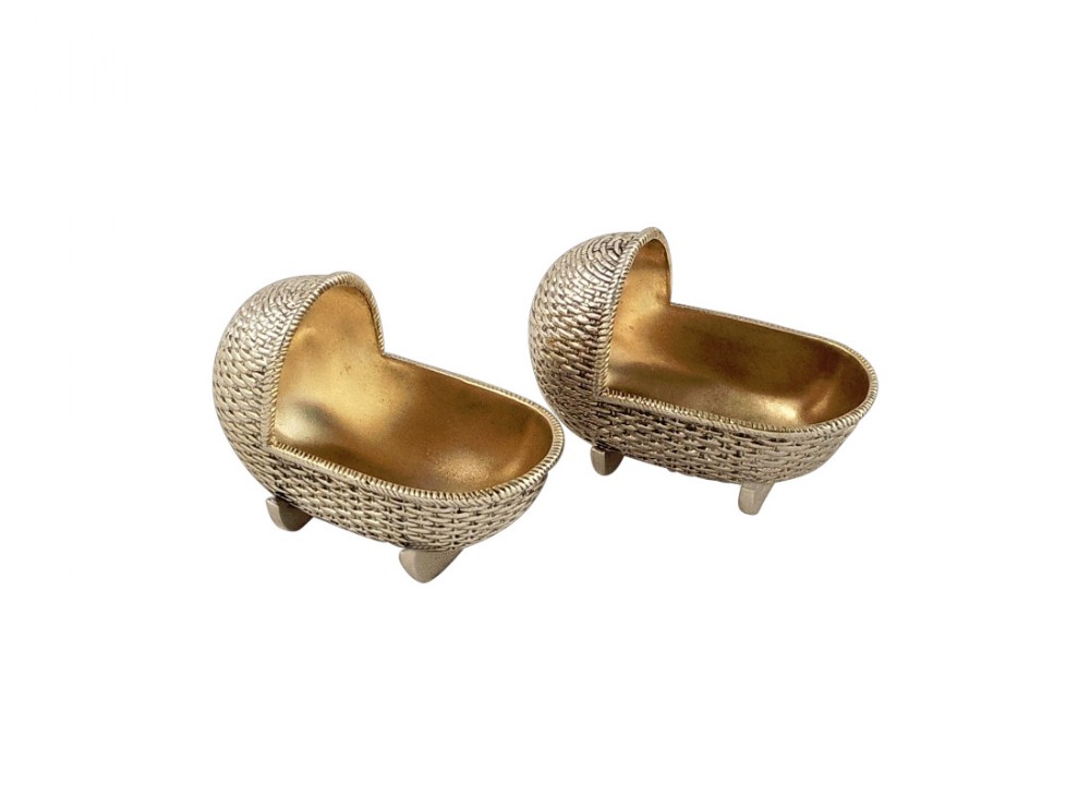 Pr Antique Victorian Sterling Silver Novelty Baby Cradle Salts - 1881