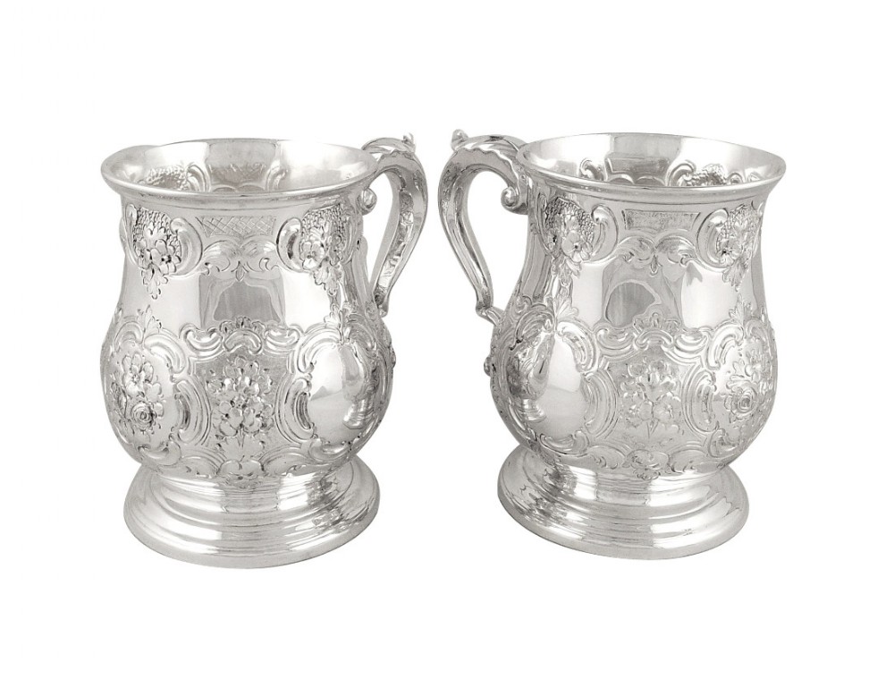 Pair of Antique Victorian Silver Plated Pint Mugs / Tankards 