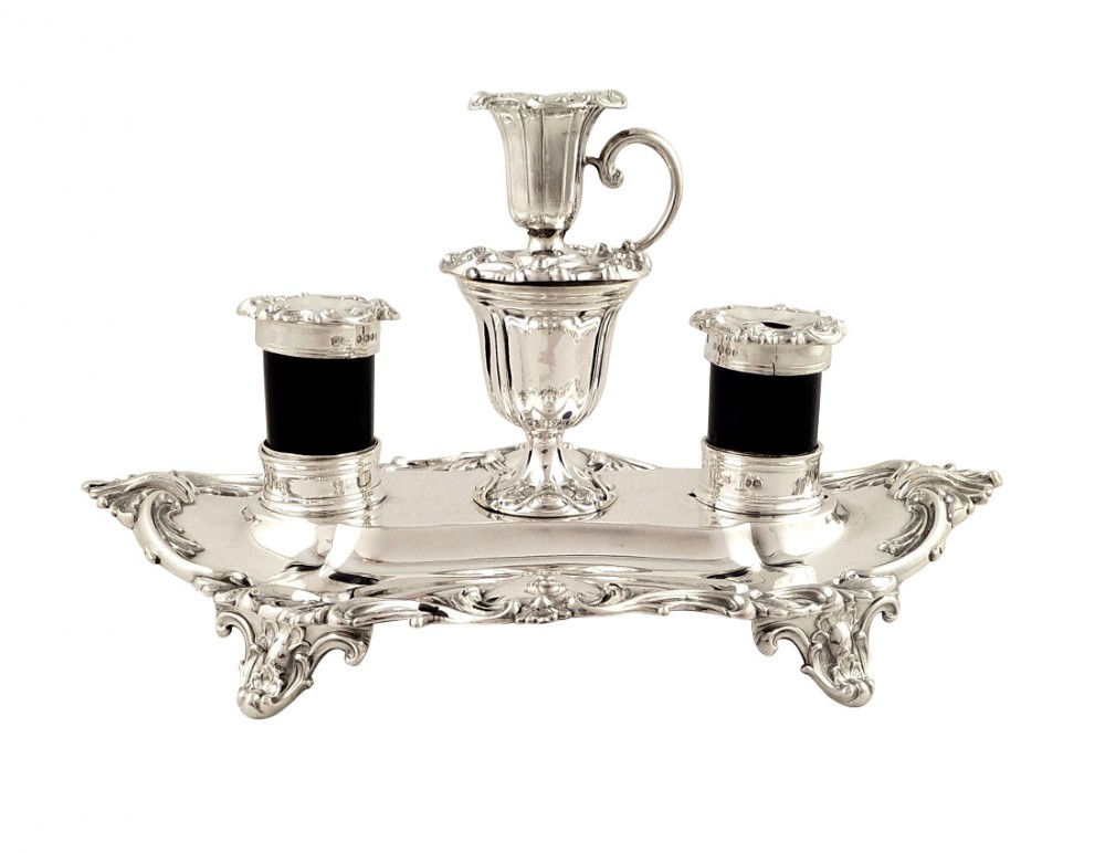 Victorian Sterling Silver Double Inkstand with Candlestick 1857