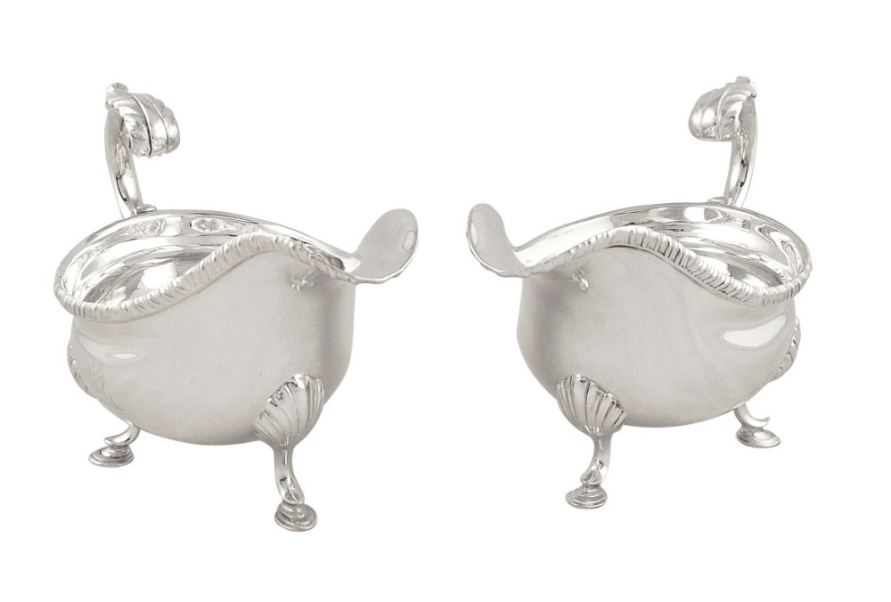 Pr Antique Victorian Silver Sauce Boats / Gravy Jugs - 1900 - 630g