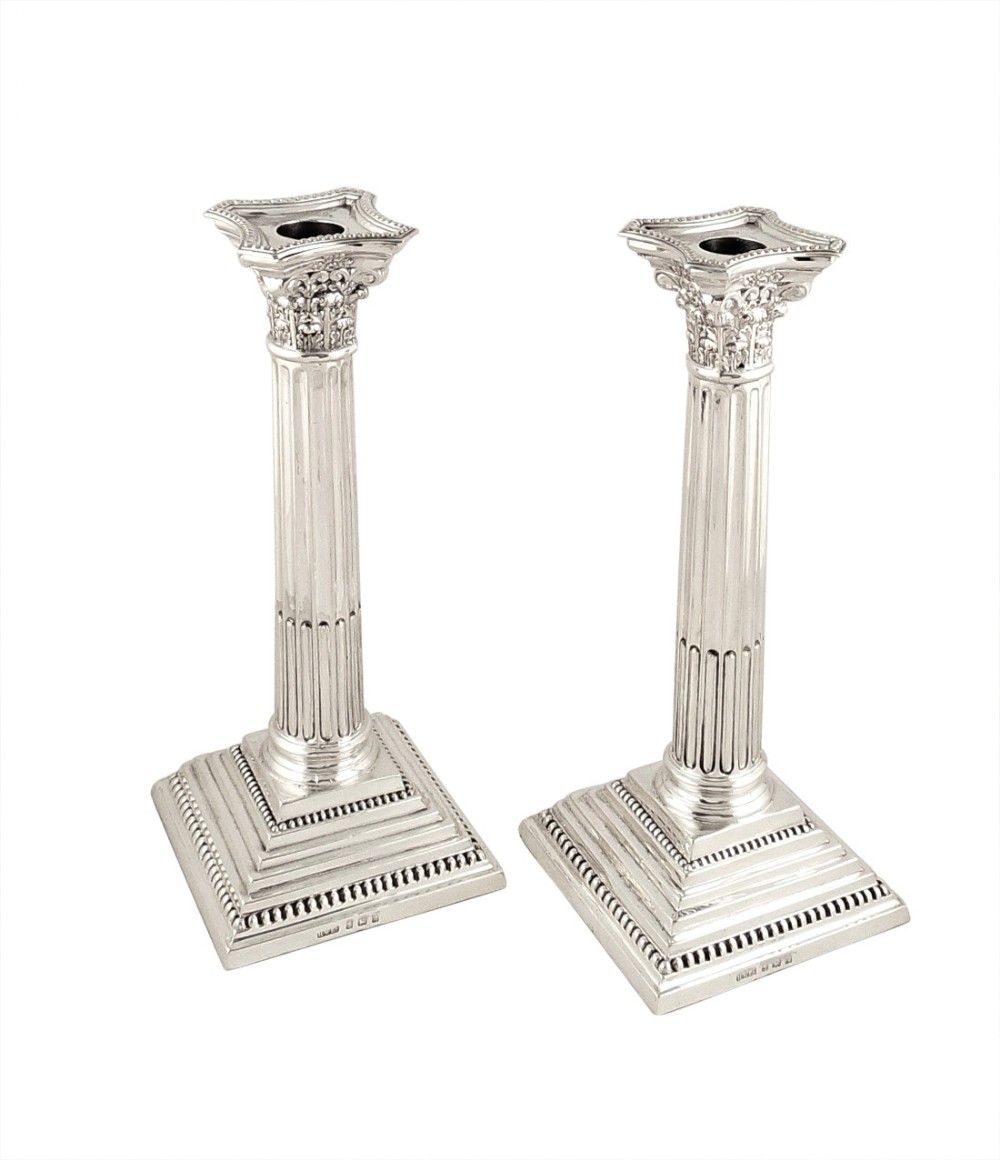 Pair Antique Edwardian Sterling Silver Candlesticks 1909