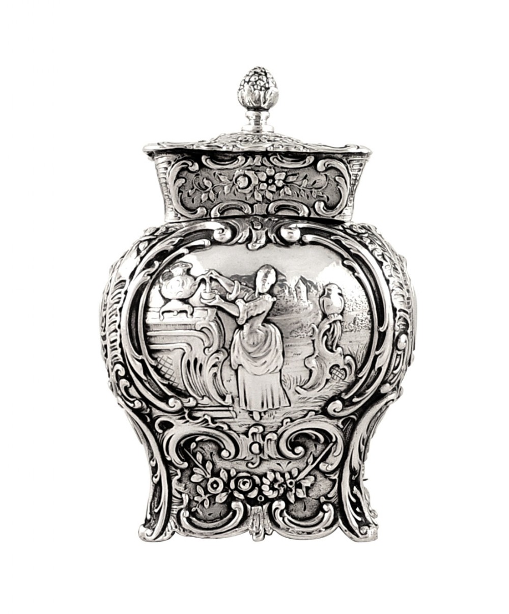 Antique German Solid Silver Caddy with Scenes c1880