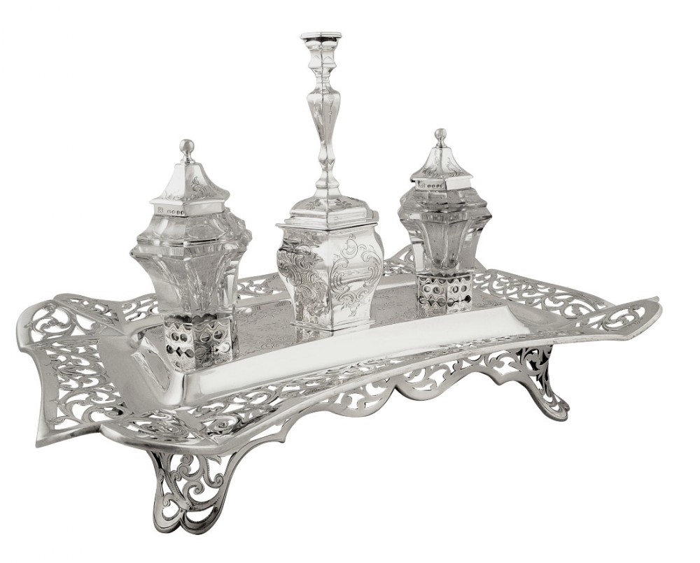 Large Antique Victorian Silver Double Inkstand with Chamberstick 1844