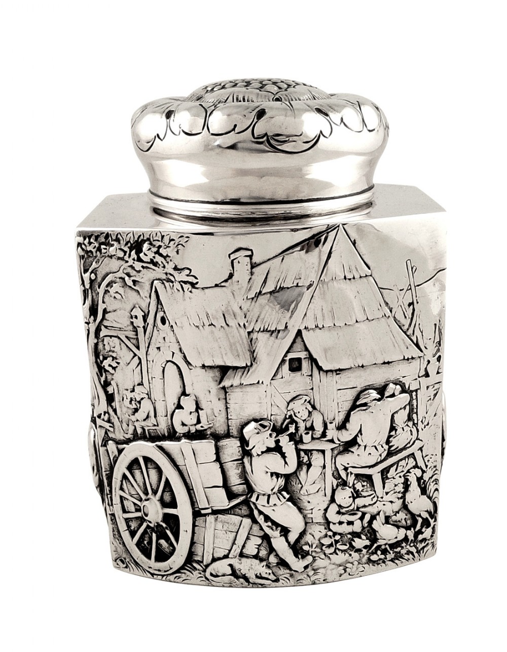 Large Antique German Silver Caddy with Tavern Scenes c1890