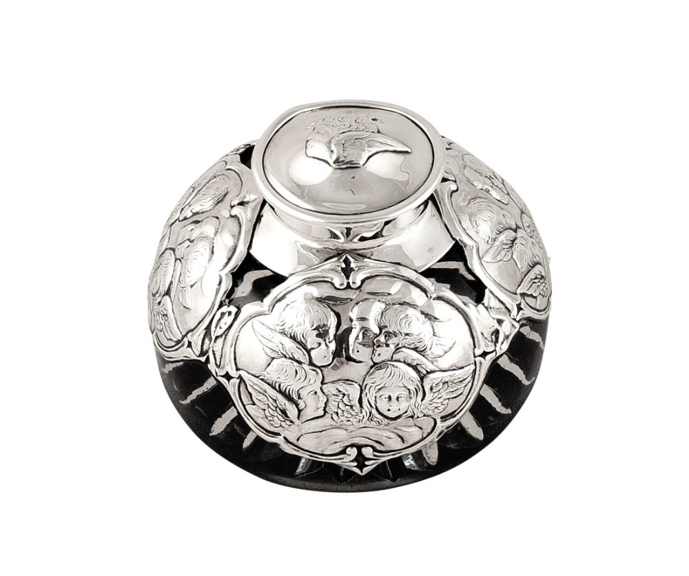 Antique Sterling Silver & Glass 'Angels' Inkwell 1900