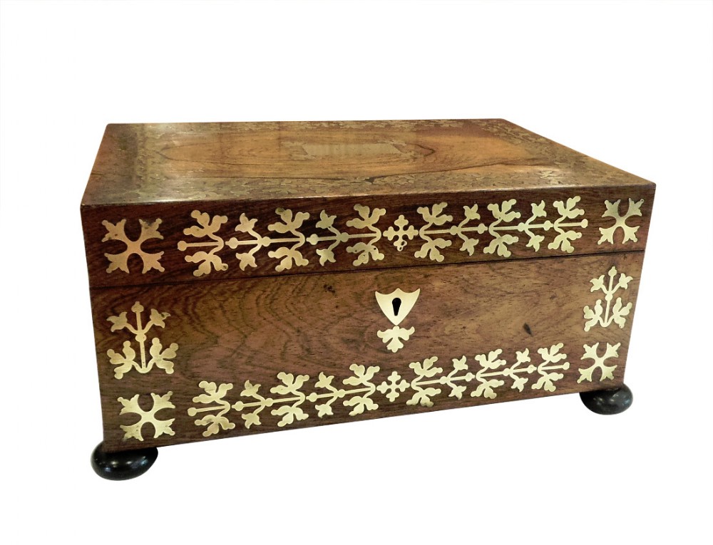 Antique Regency Rosewood & Brass Inlay Sewing Box with Contents c1815