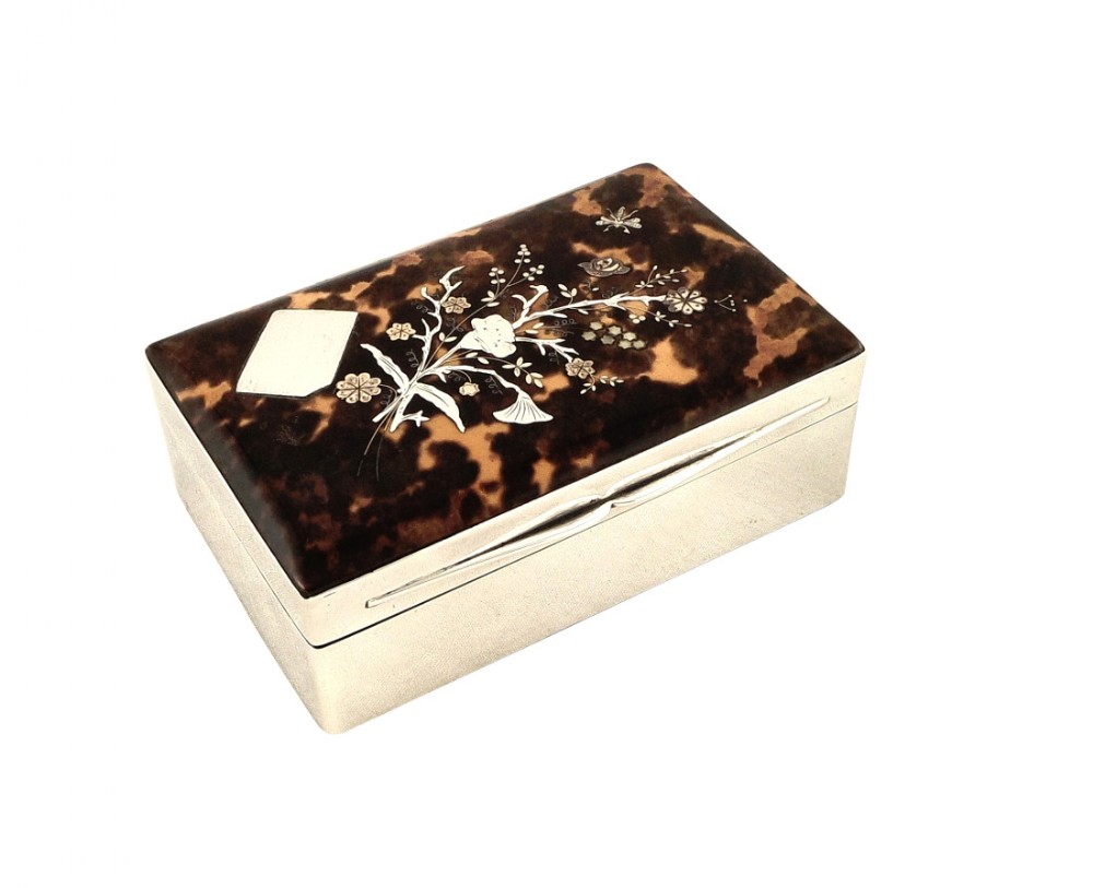 Antique Victorian Sterling Silver & Inlaid Tortoiseshell Trinket Box 1895
