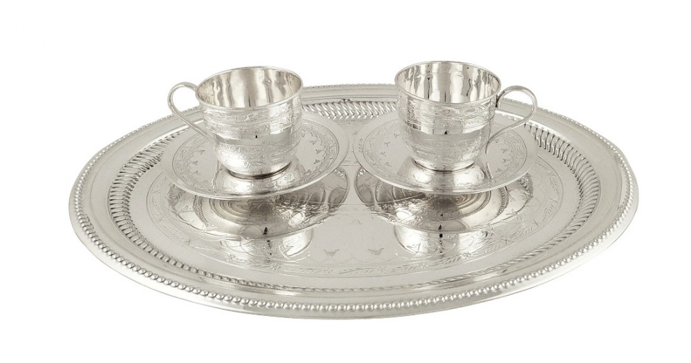 Rare Antique Victorian Sterling Silver Tray with 2 Cups & Saucers 1894