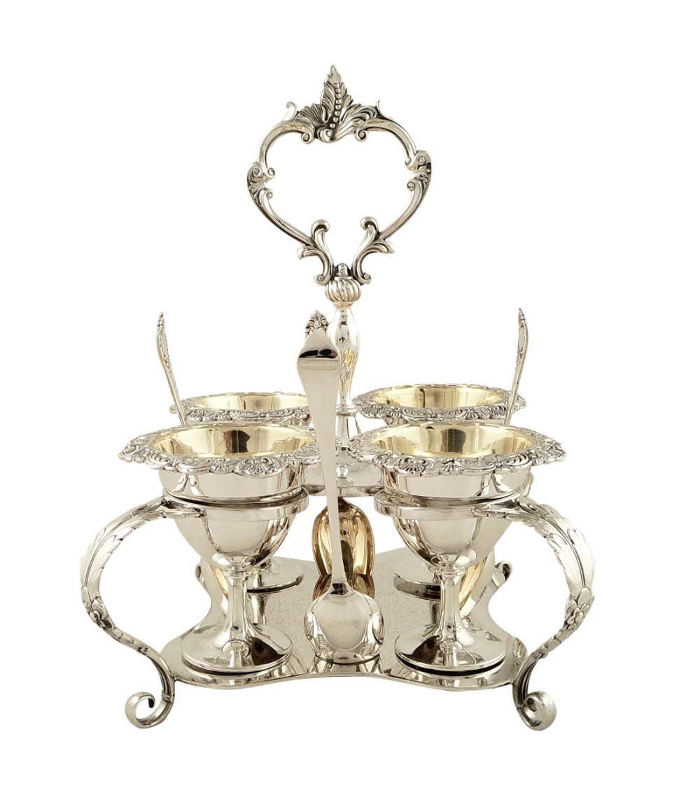 Antique Edwardian Sterling Silver 4 Egg Cruet Set 1909
