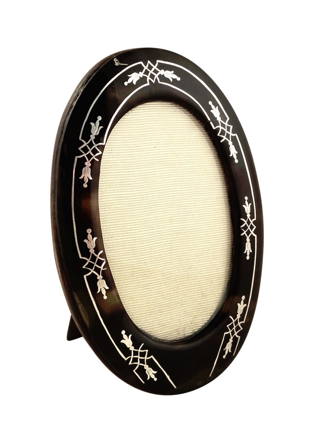 Antique Tortoiseshell Oval Photo Frame with Inlaid Silver Pique c1900