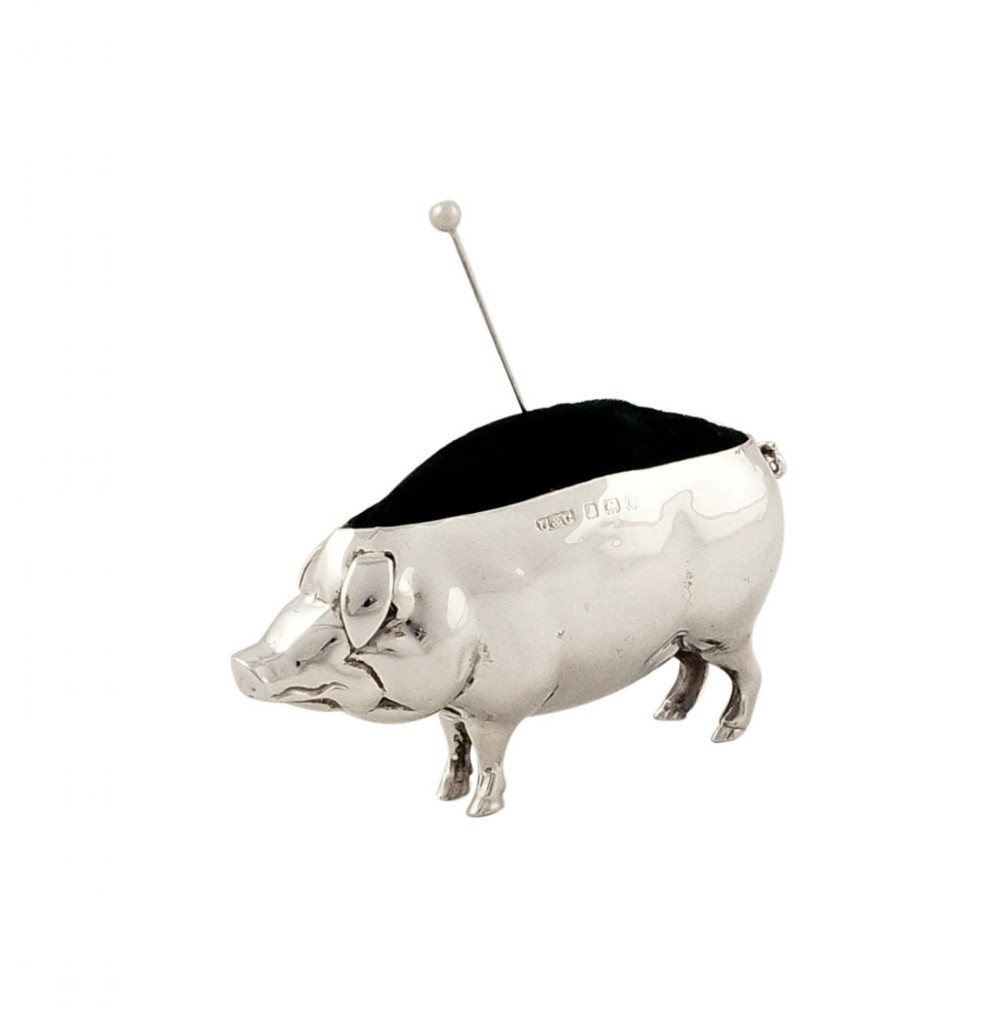 Antique Edwardian Sterling Silver Pig Pin Cushion 1905