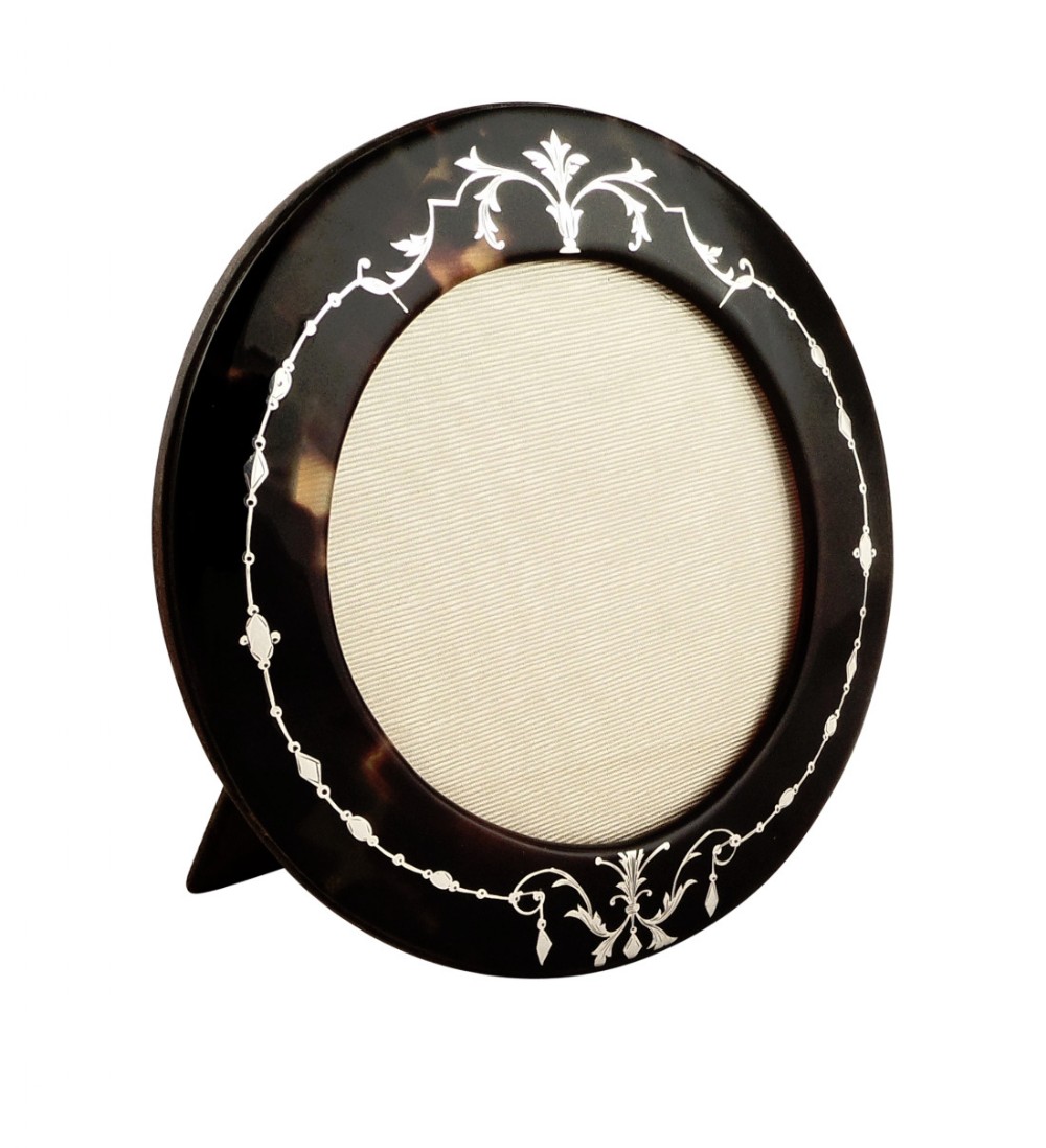 Antique Tortoiseshell Photo Frame with Inlaid Silver Pique c1900
