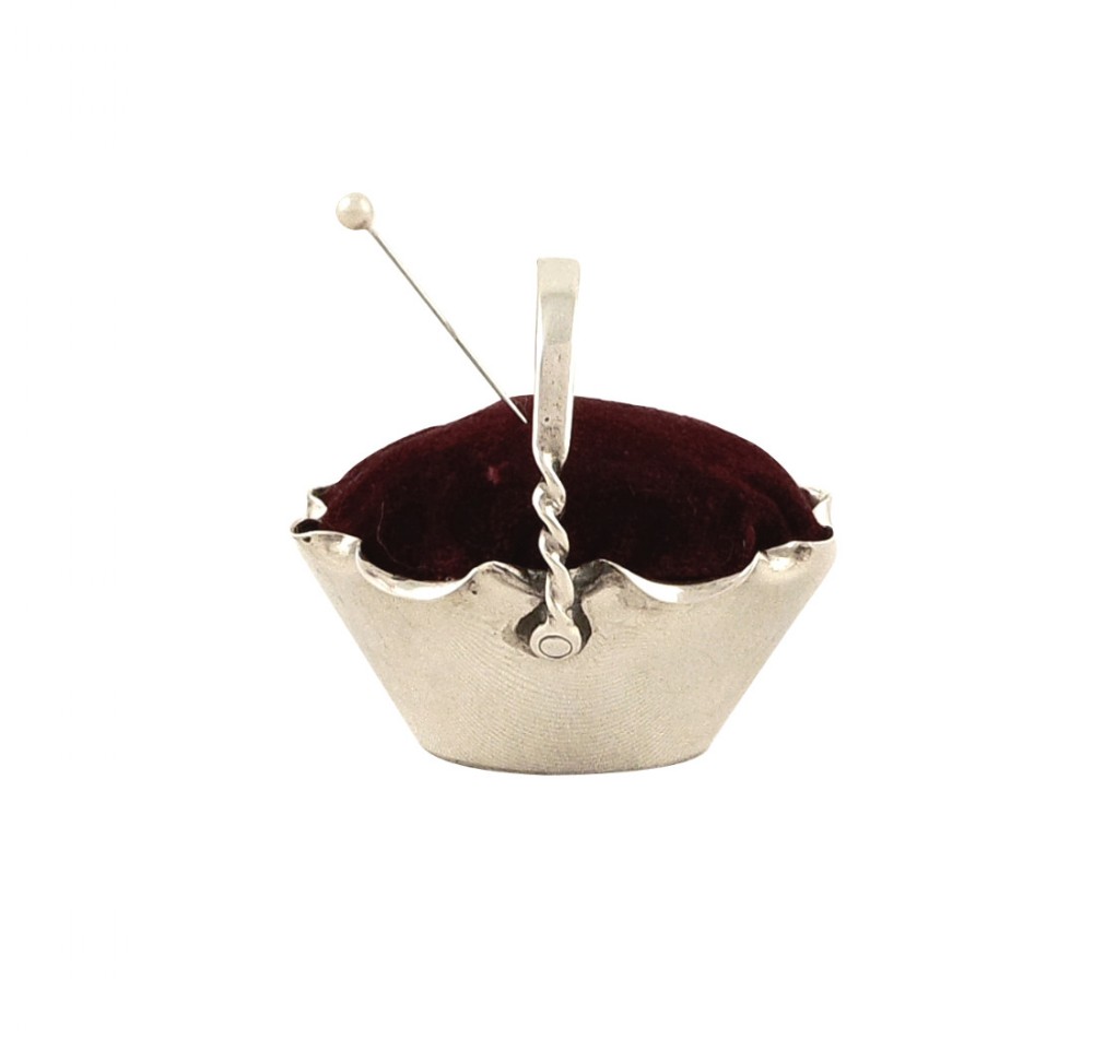 Antique Victorian Sterling Silver Basket Pin Cushion 1890