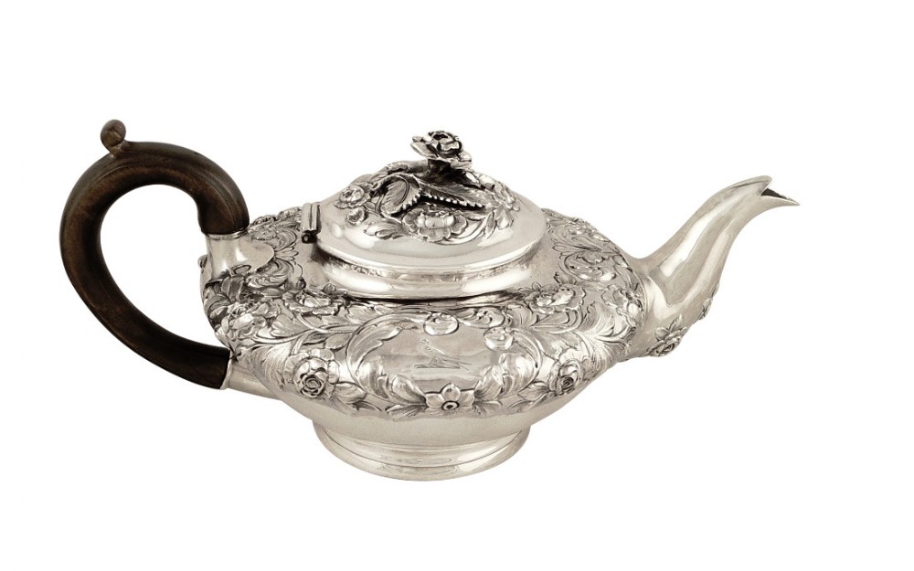 Antique William IV Sterling Silver Teapot 1836 - Bird Crest