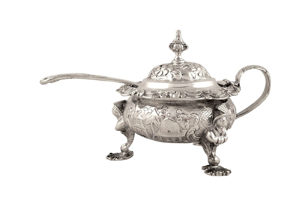 Antique Georgian Irish Sterling Silver Mustard - Dublin 1826 - Chinese Decoration