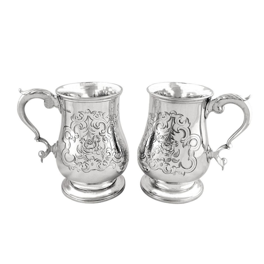 Rare Pair of Antique Victorian Sterling Silver Pint Mugs / Tankards 1857