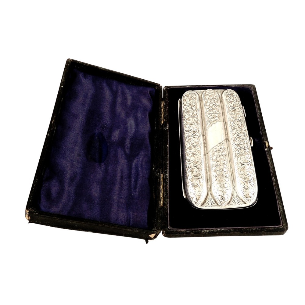 Antique Sterling Silver 3 Section Cigar Case in Case - 1901