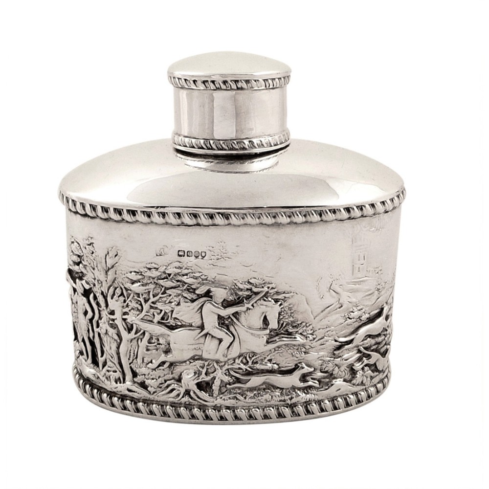 Antique Victorian Sterling Silver Caddy with Hunting Scenes 1900