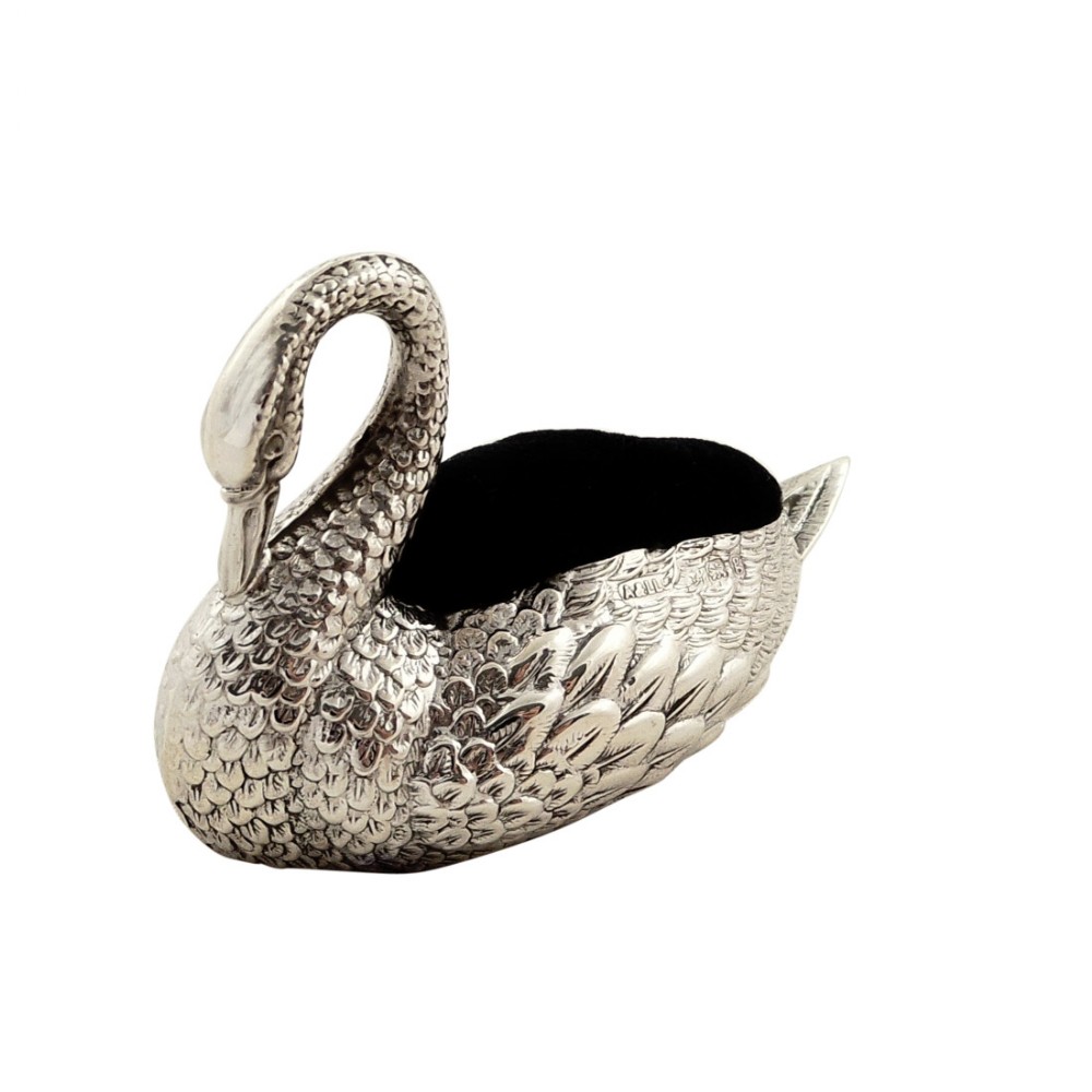 Antique Edwardian Sterling Silver Swan Pin Cushion 1906